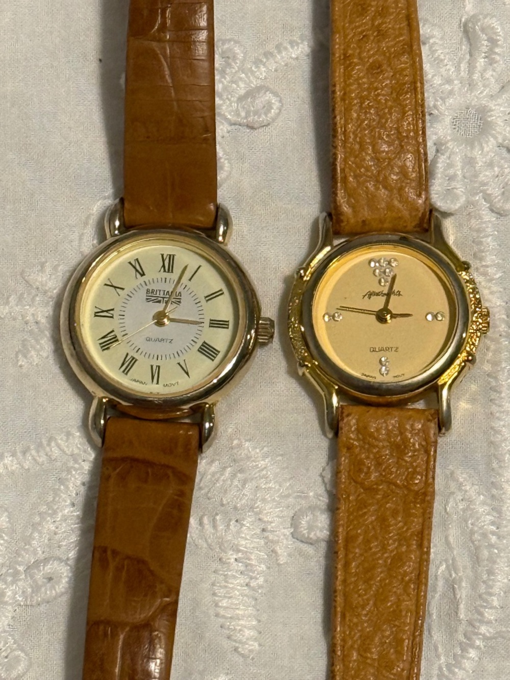 Vintage Women's Brown Leather Watches with Gold Trim, Working, New Battery